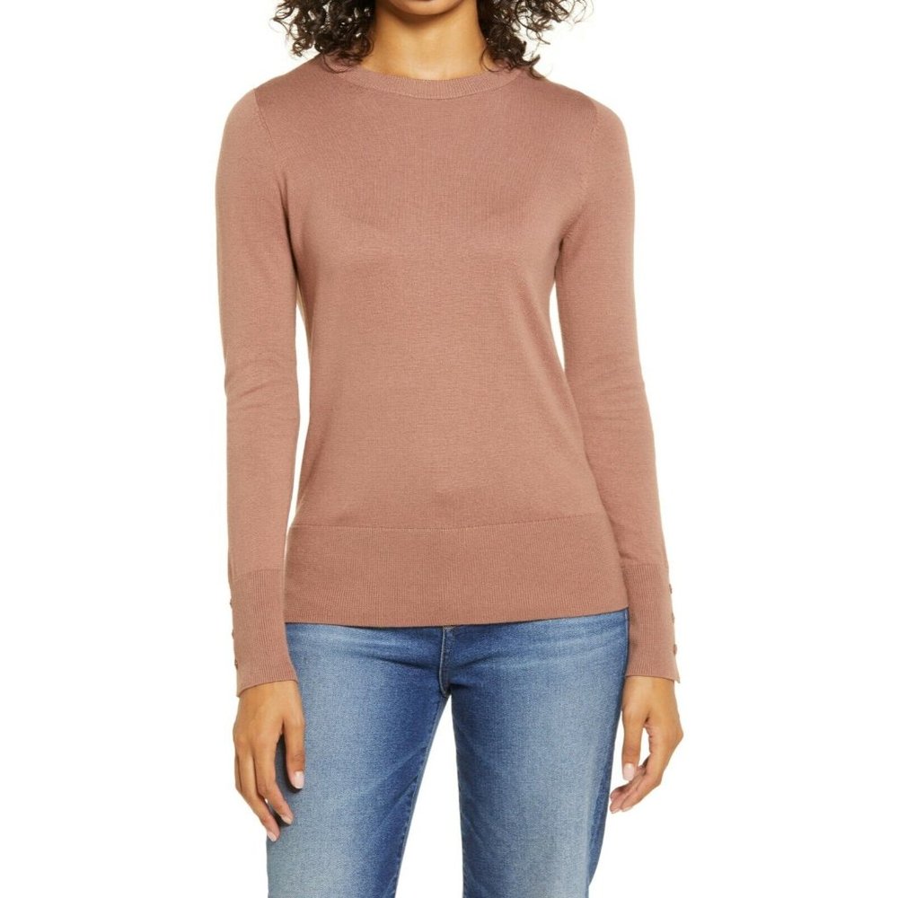 Halogen Soft Cotton Blend Crew Neck Sweater Comfy Button Cuff Brown Clove Sz XS